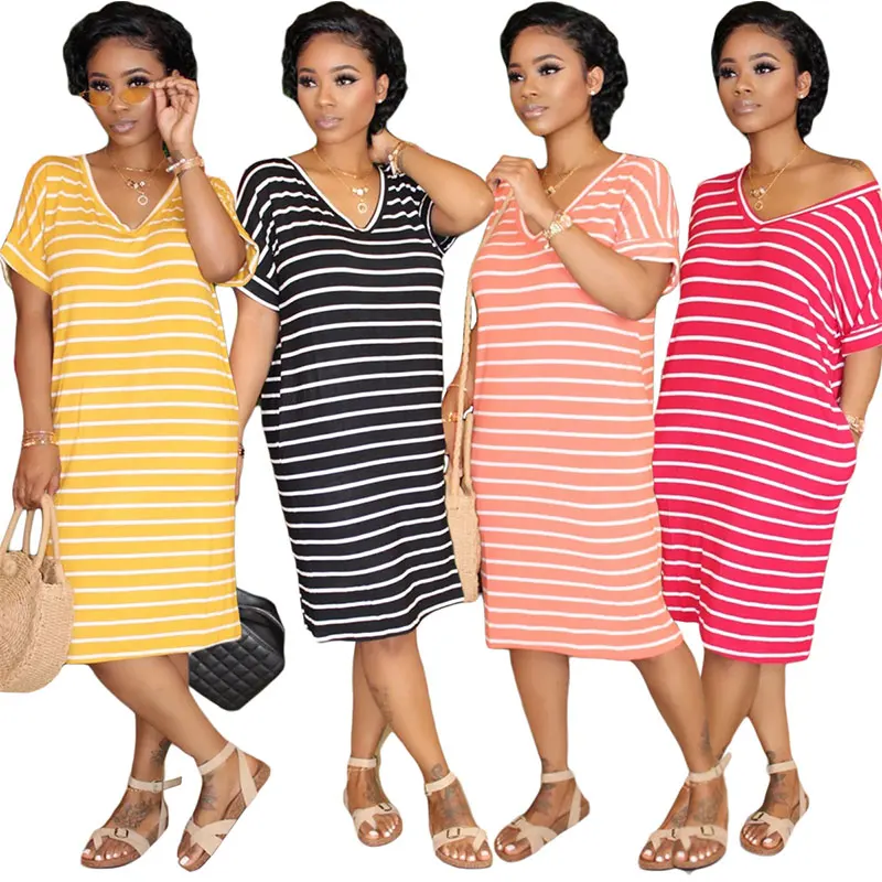 

Hot Selling Women Dresses Loose Striped Women Tshirts Dress Pocket Women Dresses Casual, Black,pink,yellow,red