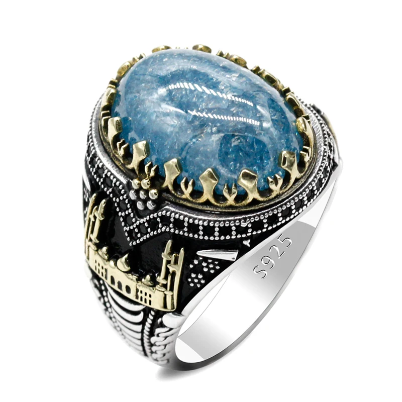 

S925 Sterling Silver Ring Inlaid Blue Faux Glass Stone Men's Ring Fashion Jewelry Turkish Vintage Style