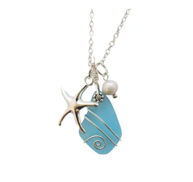 

gemstone teardrop freshwater natural pearl starfish pendant turquoise stone blue sea glass necklace, Gold, silver, rose gold