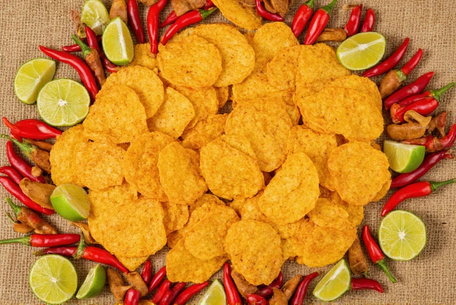 Takis Chili Lime chips arranged in a circular pattern with lime wedges and chili peppers for context