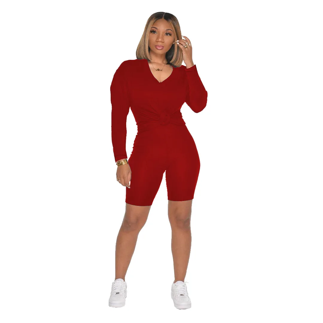 

M010 Casual Sport Long-sleeved V-neck Monochromatic Jogging Short Lounge Wear Two Piece Womens Clothing Sets, Customized color