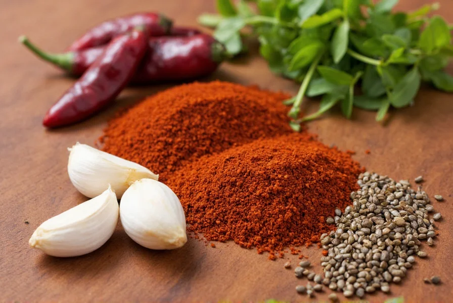 Close-up view of homemade chili spice blend ingredients including dried chilies, cumin seeds, garlic cloves, and oregano leaves arranged on wooden table