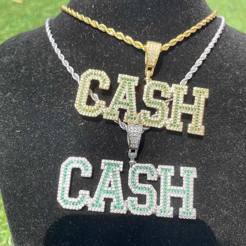 

Hip Hop Square CZ Green Cursive Initial Letter Pendant Gold Custom Name Necklace Women Men Rapper Bling Bing Jewelry