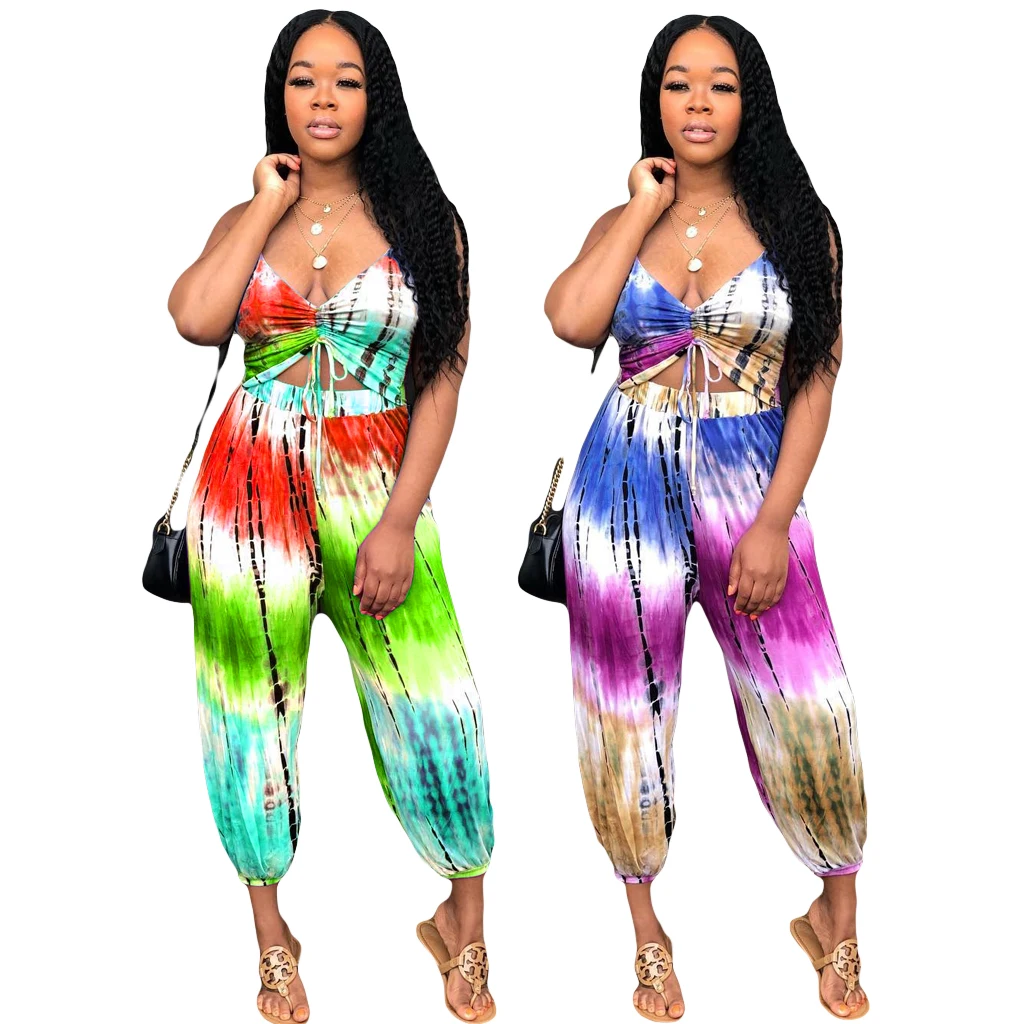 

Summer new women's fashion sexy suspender sleeveless breathable Strapless print tie dyed Jumpsuit Club casual Jumpsuit, Customized color