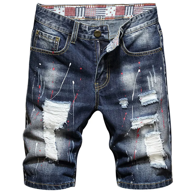 

2021 Summer Men vintage Personalized printed Straight Jean Short High street Ripped Mens Plus Size 40 Beach Casual shorts
