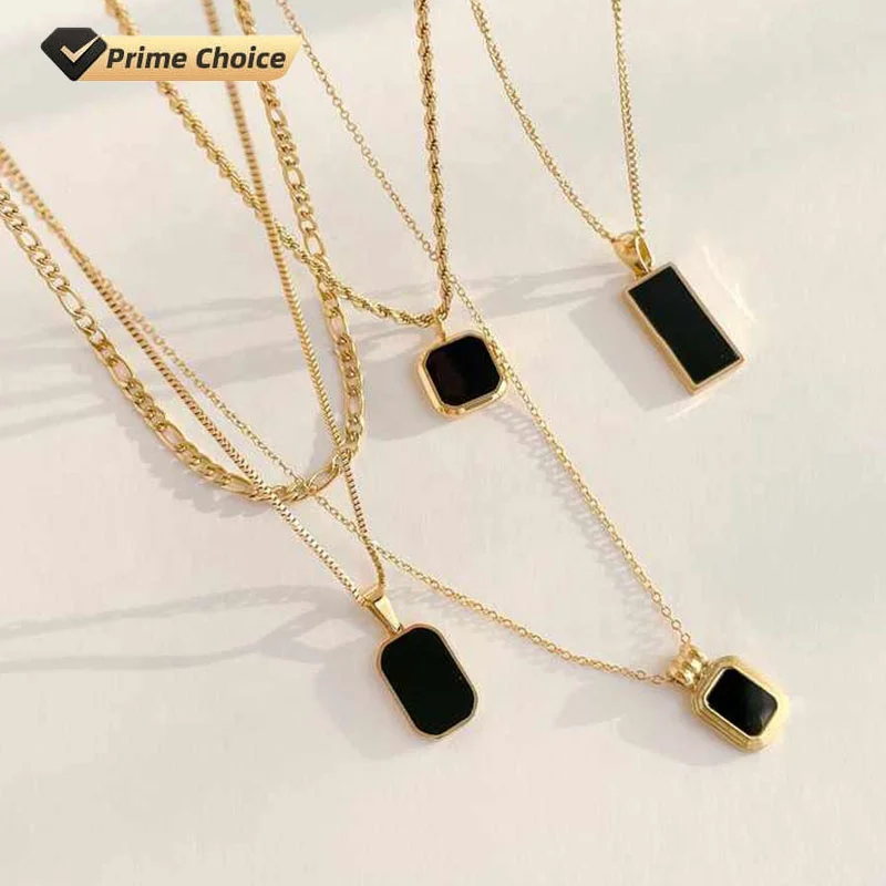 

Wholesale Custom Temperament Clavicle Chain 18K Gold Plated Stainless Steel Jewelry Black Agate Stone obsidian Necklace