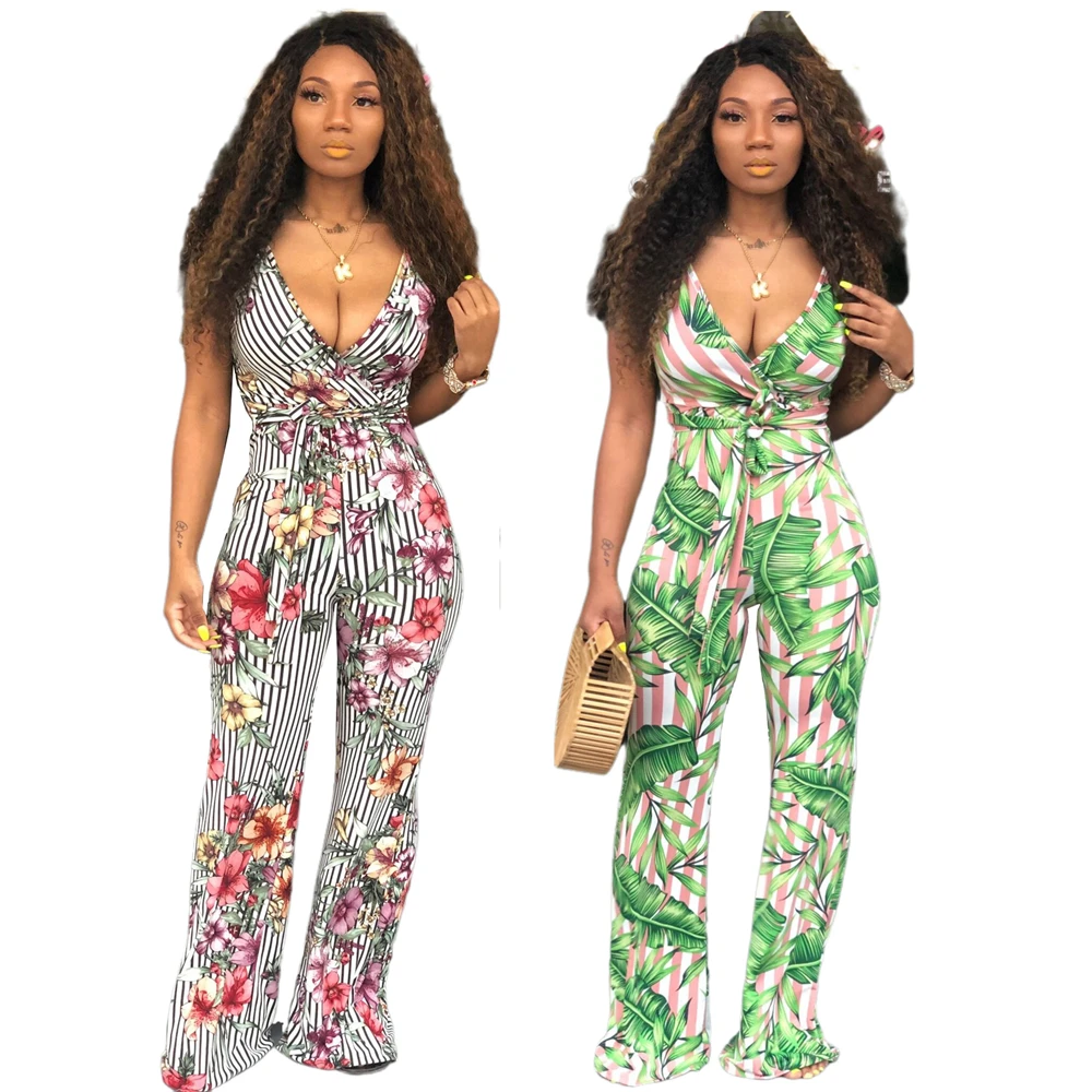 

Traje 2021 Woman's Fashion Sexy Digital Printed V-Neck Sleeveless Jumpsuit Ladies Jumpsuit 2021 Jumpsuit for Women Elegant, Flower/leaf