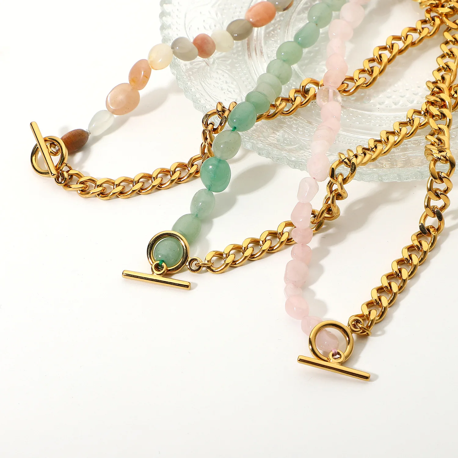 

Cuban OT Buckle Jewelry Beaded Stitched Gold Stainless Steel Natural Stone Necklaces Women