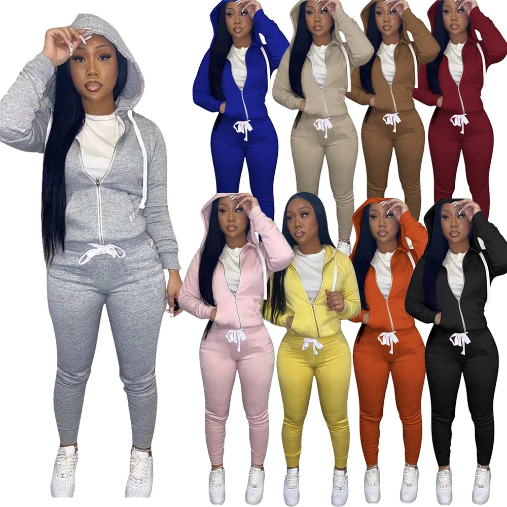 

EB-20221 Ladies Long Sleeves Winter Two Piece Pant Sets Outfits Joggers Fall Fashion Clothing 2 Piece Sweat Suits Pants Hood Set