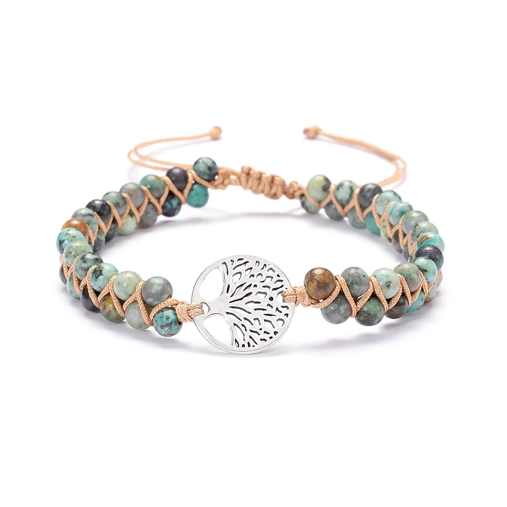 

VRIUA Handmade Natural Stone Boho Yoga Wrap Bracelet & Bangle Tree of Life African Japser Braided Charm Women Men Gift Bracelet, Black