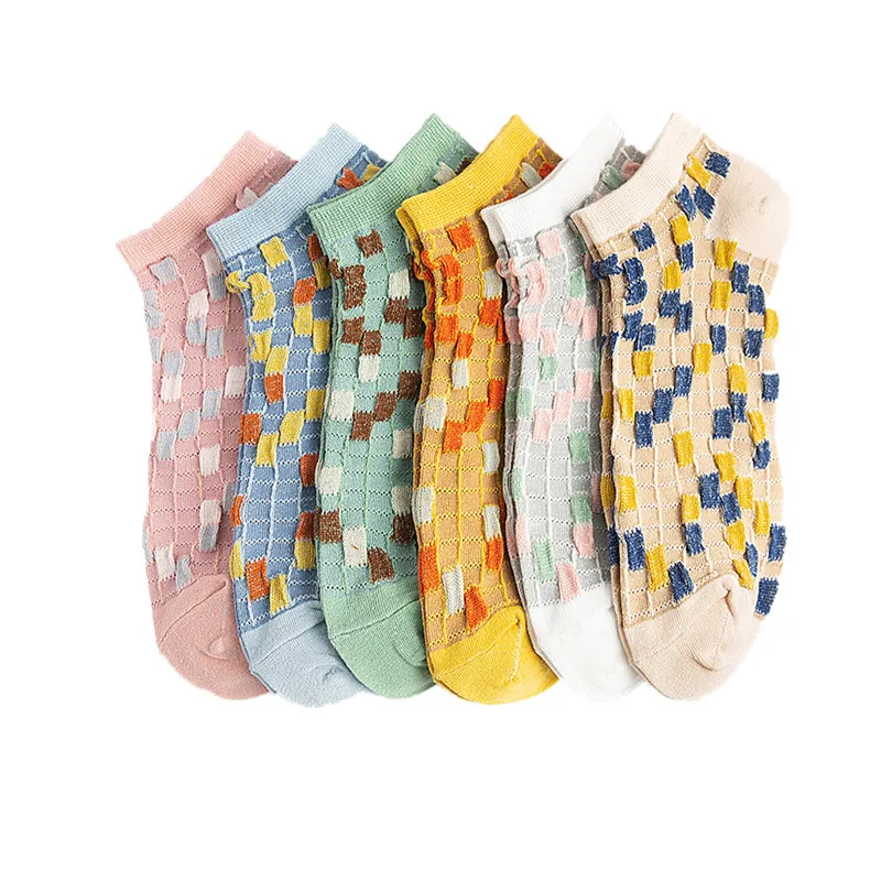 

WIIPU Girls sweat-absorbent cotton socks, happy and interesting plaid contrast color socks, art candy color breathable socks