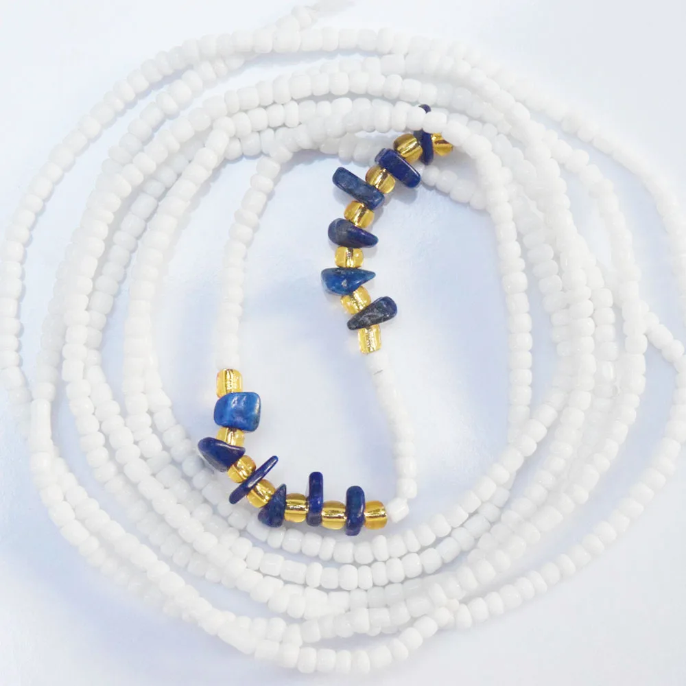 

natural blue lapis stone crystal charm weightloss string adjustable tie on african waist beads belly chain women body jewelry, White