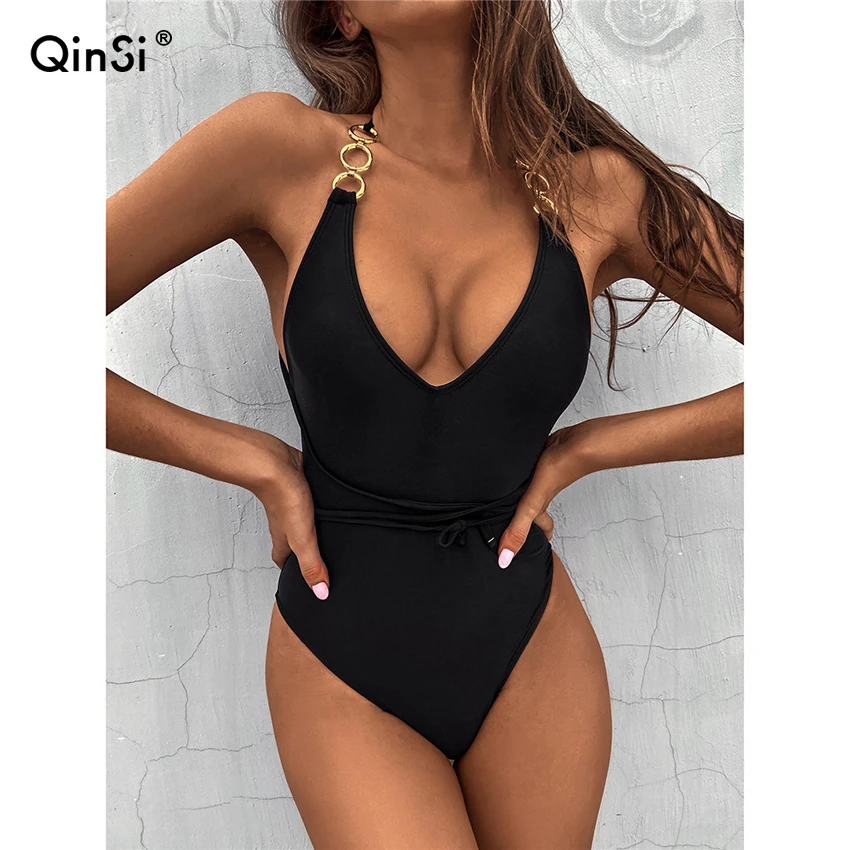 

QINSI 2022 Woman Flawless Legs Beach Triangle Solid Color Cover Belly Sexy Chain Halter Bikini Women'S Fashion Swimsuit