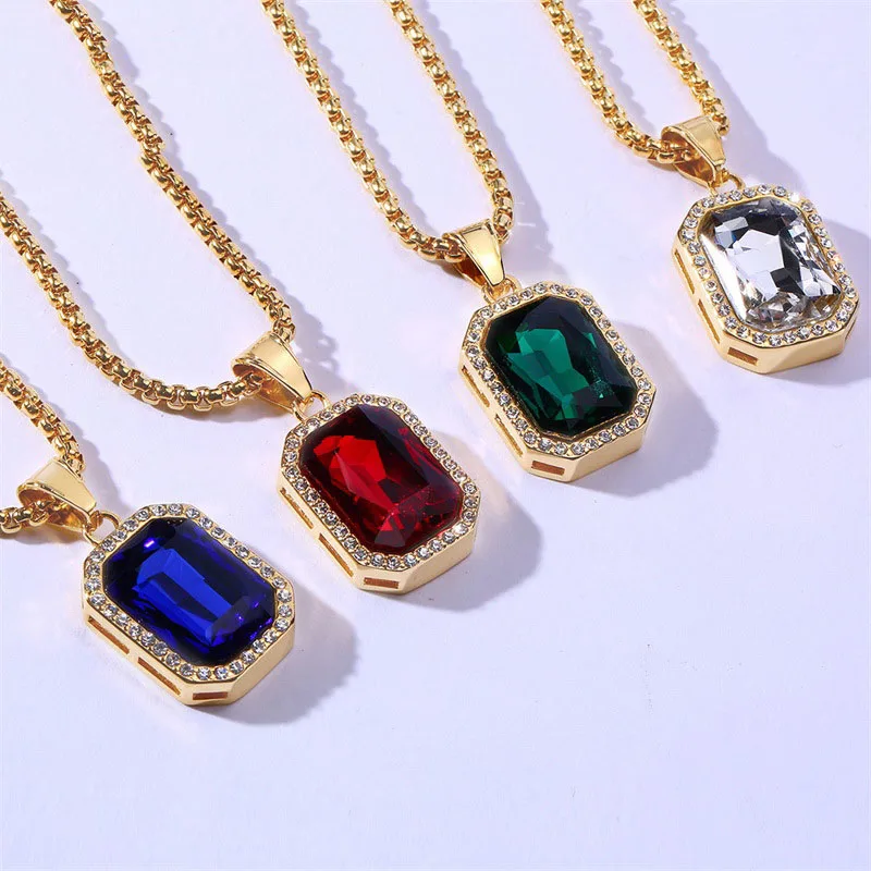 

Hiphop men jewelry stainless steel glass stone necklace, As picture shows