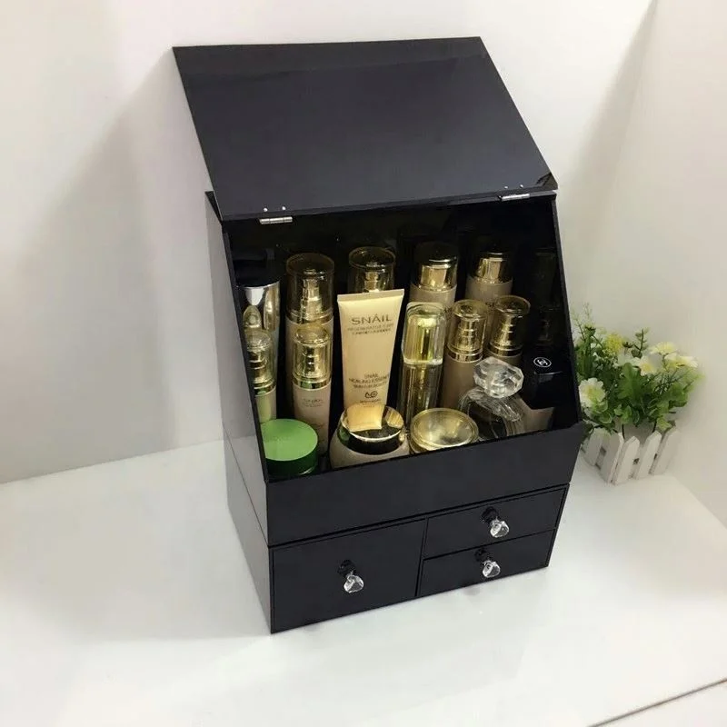 

Chinese factory black acrylic acrylic cosmetic organizer with drawer and lid