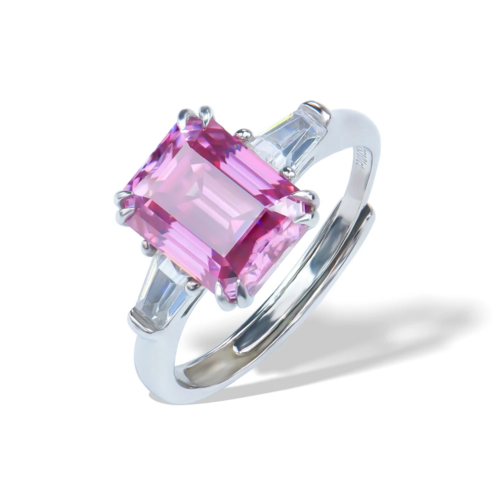 925 Sterling Silver Fine Jewelry Pink 3ct 7*9mm Emerald Cut Moissanite Diamond Adjustable Size Engagement Ring