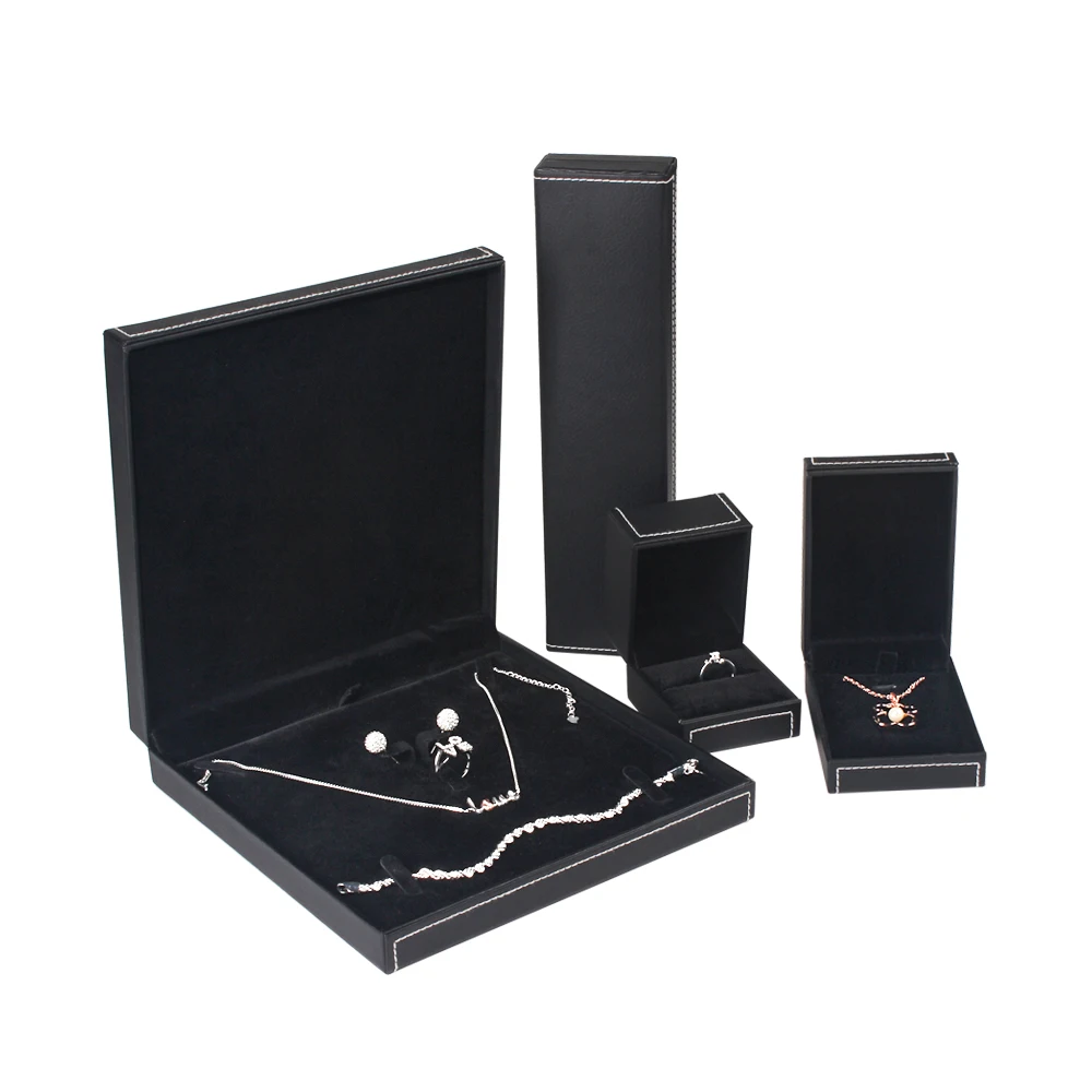 

High quality luxury black pu leather necklace ring bracelet pendant jewelry set boxes with decoration stitching
