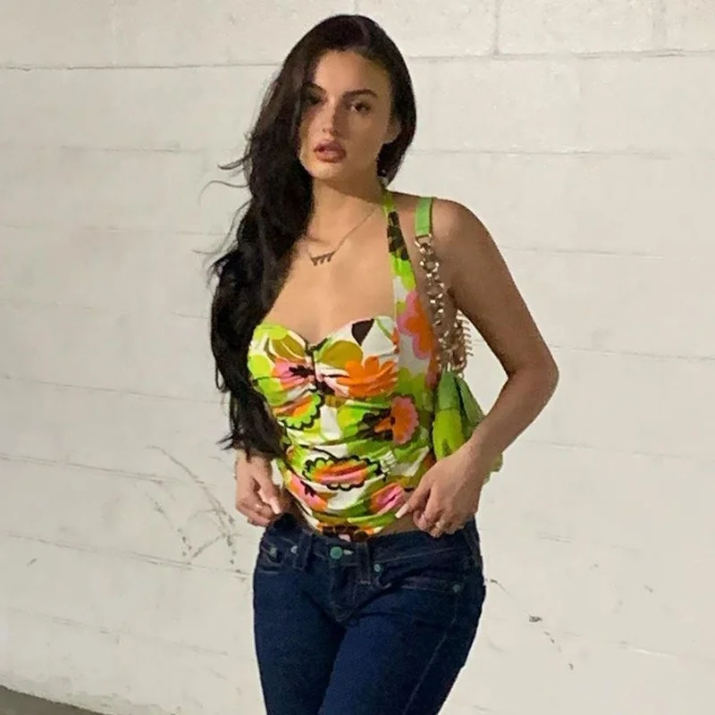 

2021 Tops Woman Sexy Crop Tank Slim Halter Neck Floral Printed Backless Crop Top Folds Sleeveless Color Matching Crop Top Sexy