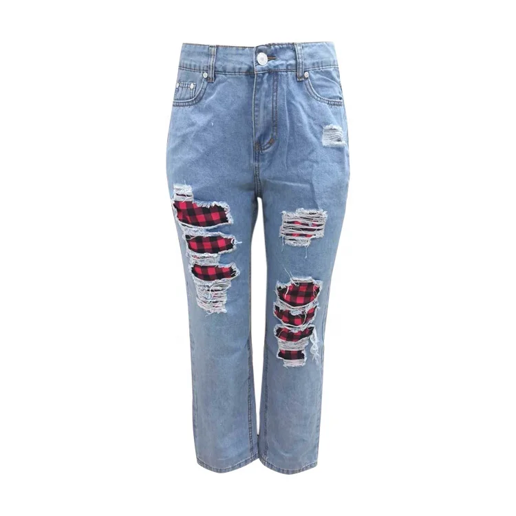 

2021 hot sale tattered plaid high- waisted jeans for womem, Shown