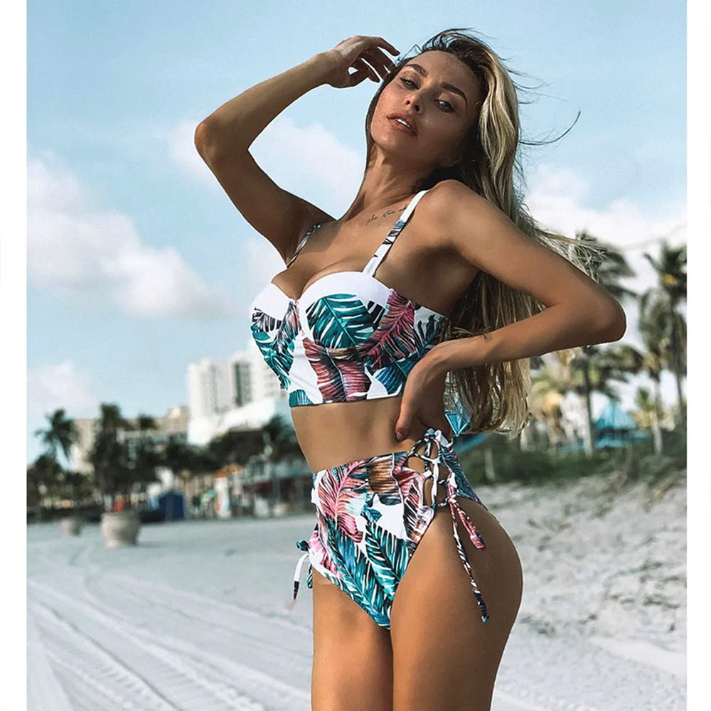 

Hot selling New fashion gather print sexy high waist split bikini swimsuit, As the picture show
