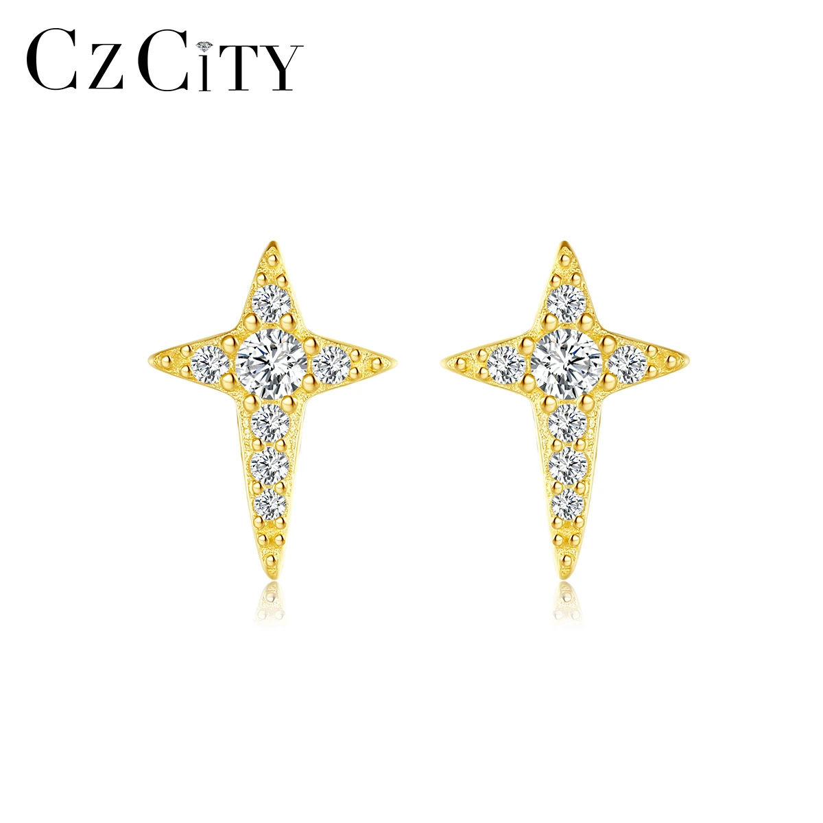 

CZCITY Zircon Four Star Stud Gold Plated Woman Cute Earing Sterling 14K 925 Silver Earring