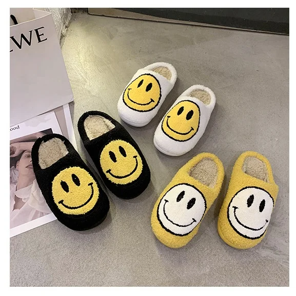 

Unisex Bedroom Adult Happy Smile Face Fur Slipper Smiley House Fluffy Slides For guests, White,yellow,black,blue,green