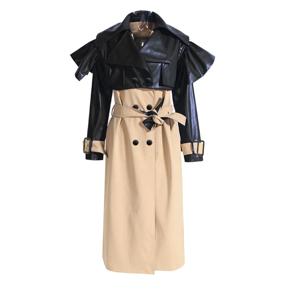 

OUDINA Fashionable Wholesale Winter Thickened Lace-up Contrasting Leather Windbreaker Jackets Long Coat For Women