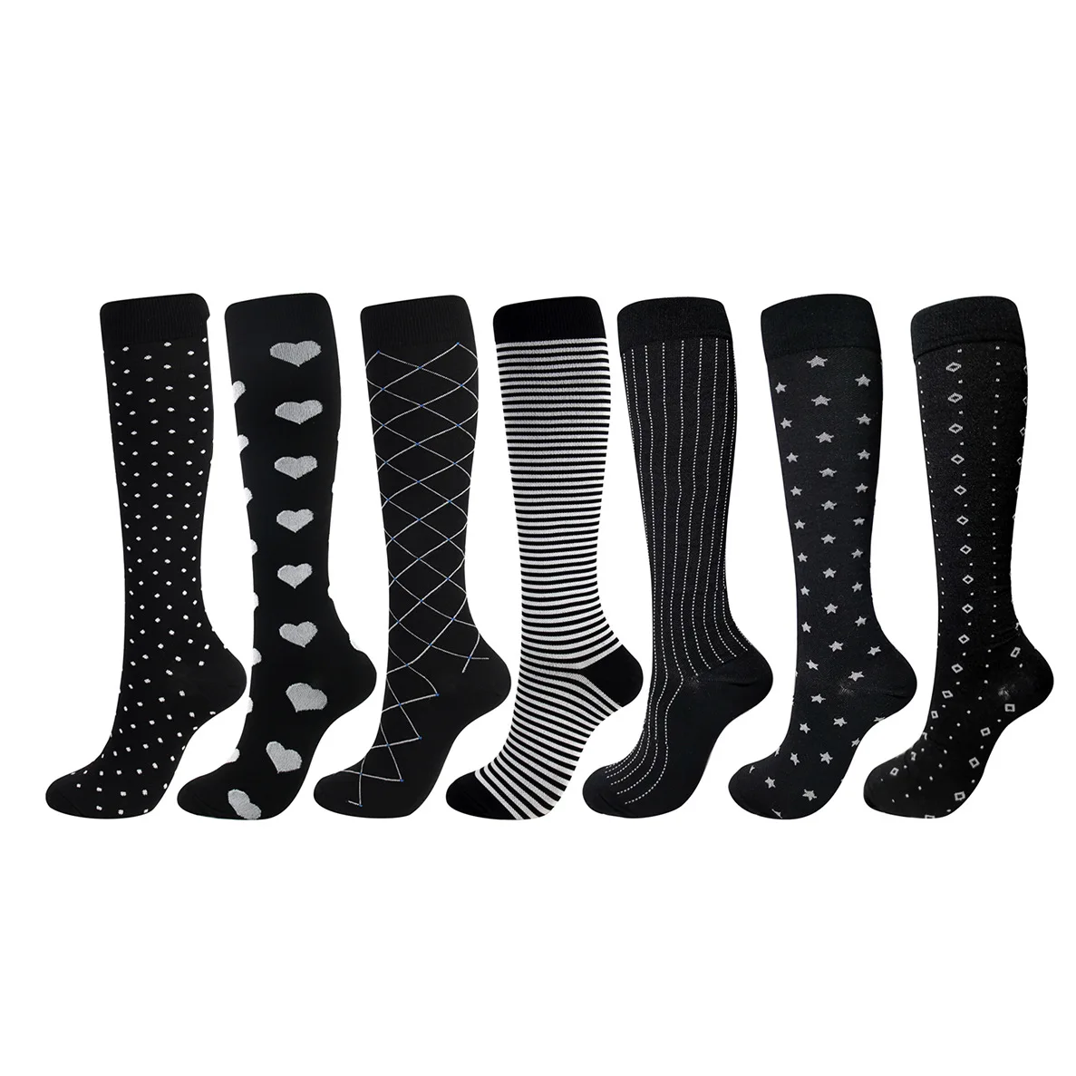 

Factory Sell New Design Men Sport Compression Socks Women Black Nurse Medical Durable Dot Striped Knee High Running Socks, Multiple colors