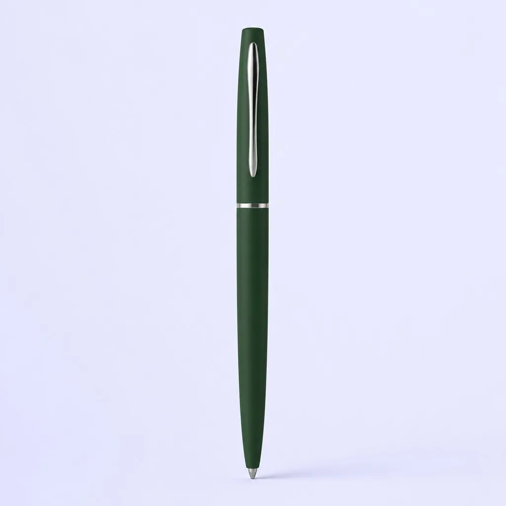 Forest green ballpoint pen standing upright with silver clip
