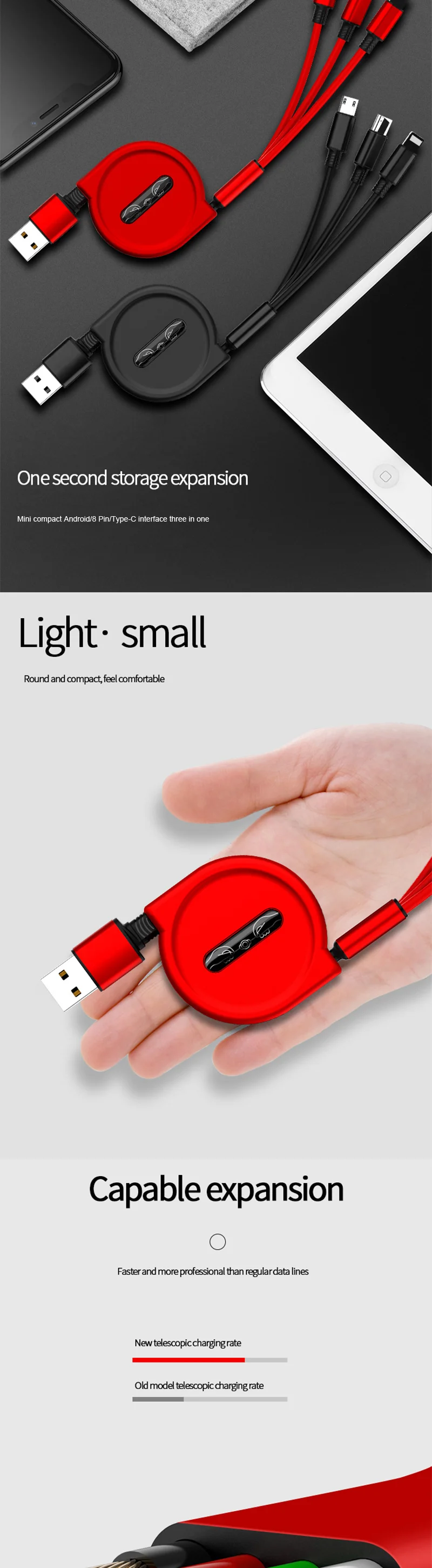 Eonline 2.5A 120cm 3 In 1 USB Charge Cable for Phone USB & USB C Cable Retractable Portable Charging Cable For X 8 Samsung S9
