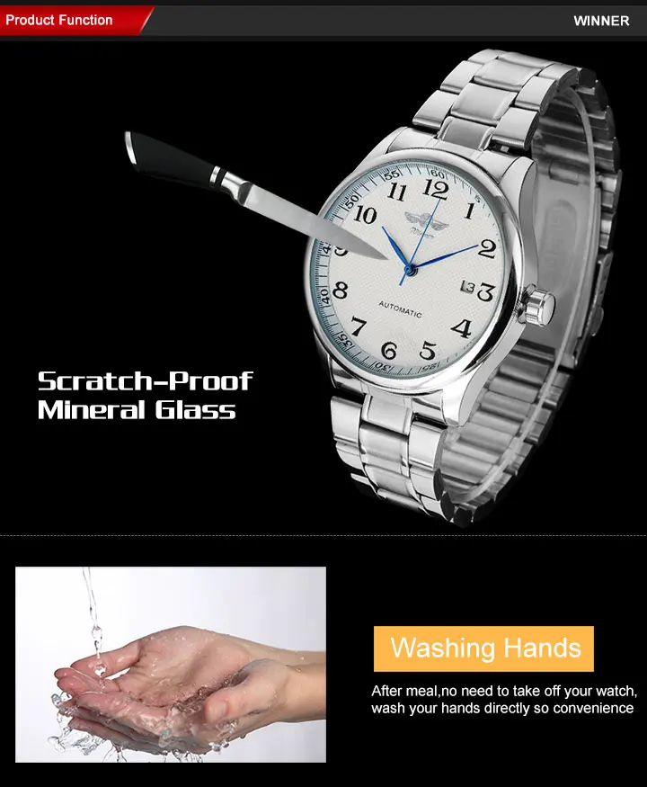 WINNER Fashion Casual Men Mechanical Watches Stainless Steel Band Silver case Luxury Automatic Wristwatches Relogio Masculino