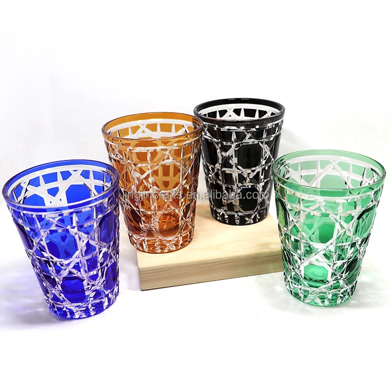 

In stock cut to clear hand cutting cased glasses whisky cup Kiriko glass, Blue and red and green and black