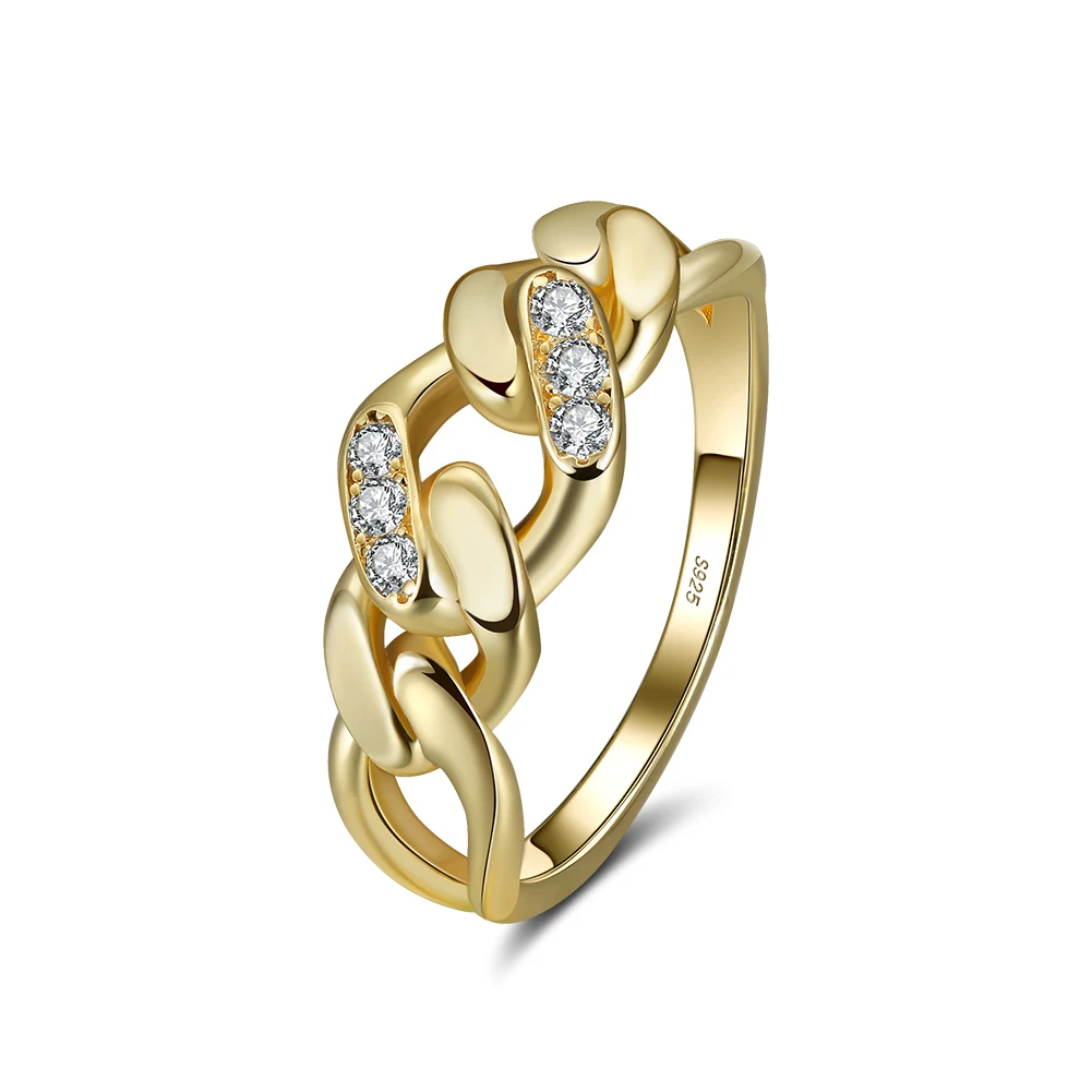 

RINNTIN SR271 Fashion 925 Sterling Silver Cuban Chain Band Ring 14K Gold Plated Ring for Women