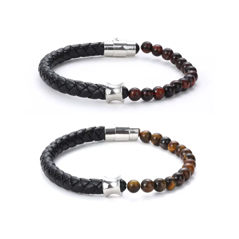 

Leather Natural Stone Tiger eye Bracelet Stainless beads Magnetic Knot Bracelet ST085, As the pictures