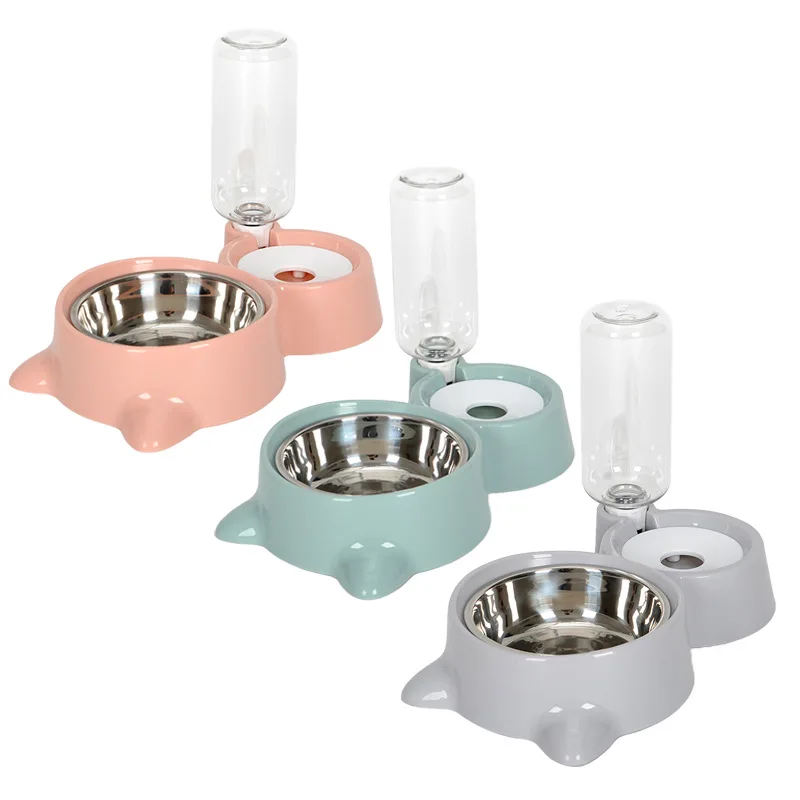 

Double Bowl Automatic Water Dispenser anti-knock Food Bowl Dog and cat food bowl, Sky blue gray pink
