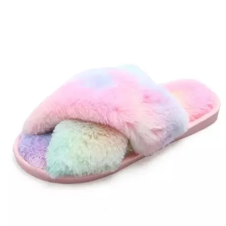 

Rainbow Dreamin Outer wear flat colored fur slippers women ins cotton slippers women winter new cross net red fairy shoes whole, Picture