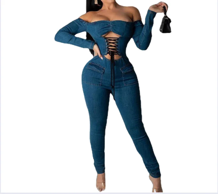 

COLLARLESS straps denim womens one piece women bodysuit jumpsuit