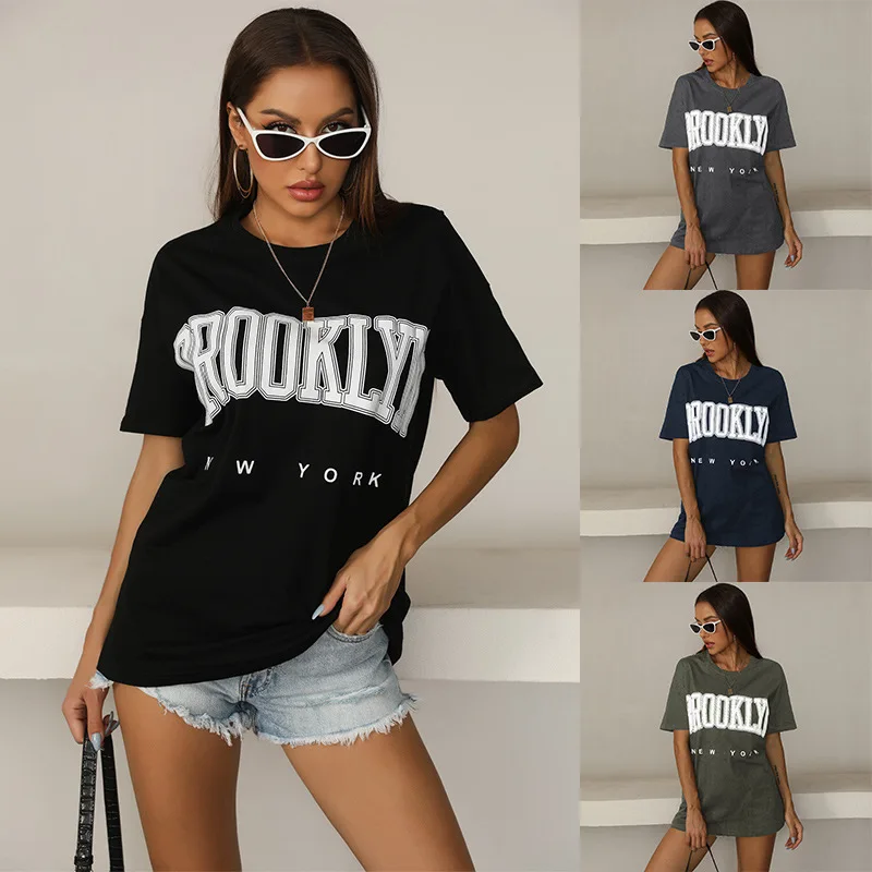 

Amazon Big Sale Women Summer Short Sleeve T Shirt Round Neck Cotton Polyester Print T-shirt, Black, navy blue, army green, dark grey