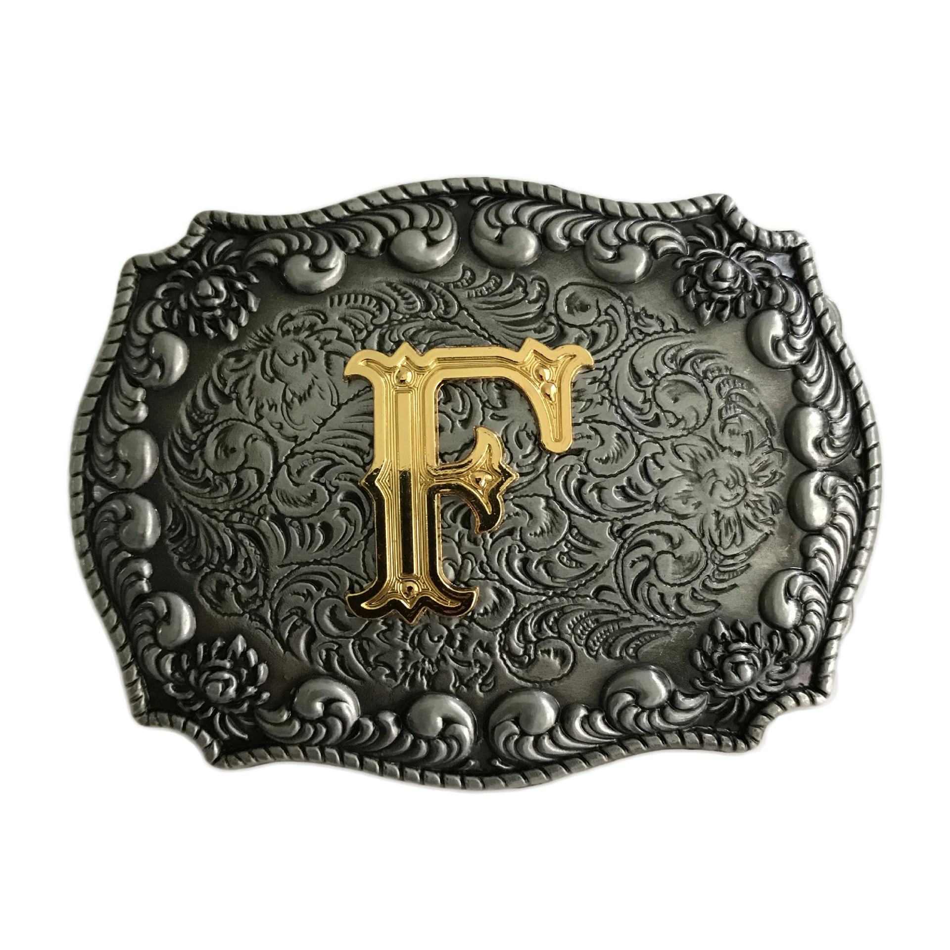 

HOT CRAMPON Gold Letters F Embossing Bronze Metal Belt Buckle LOW MOQ Men's Over Large Cowboy Belt Buckle For Decoration