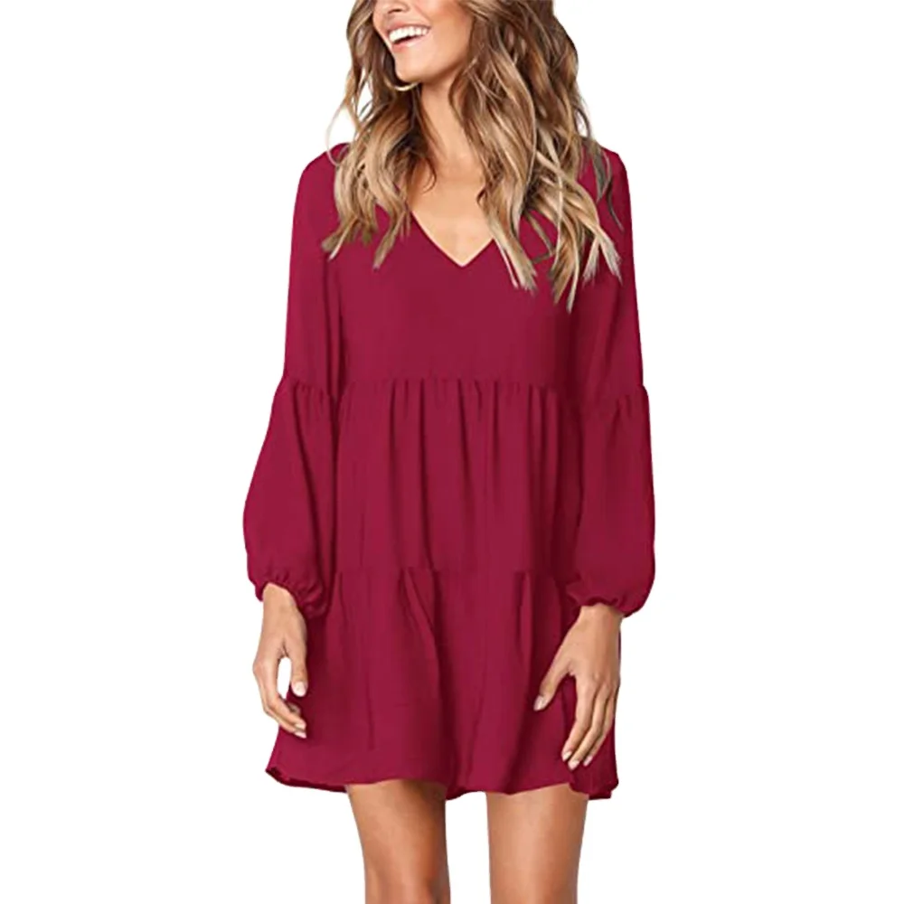 

2021 spring sexy new fashion V-neck lantern long sleeve short casual dress