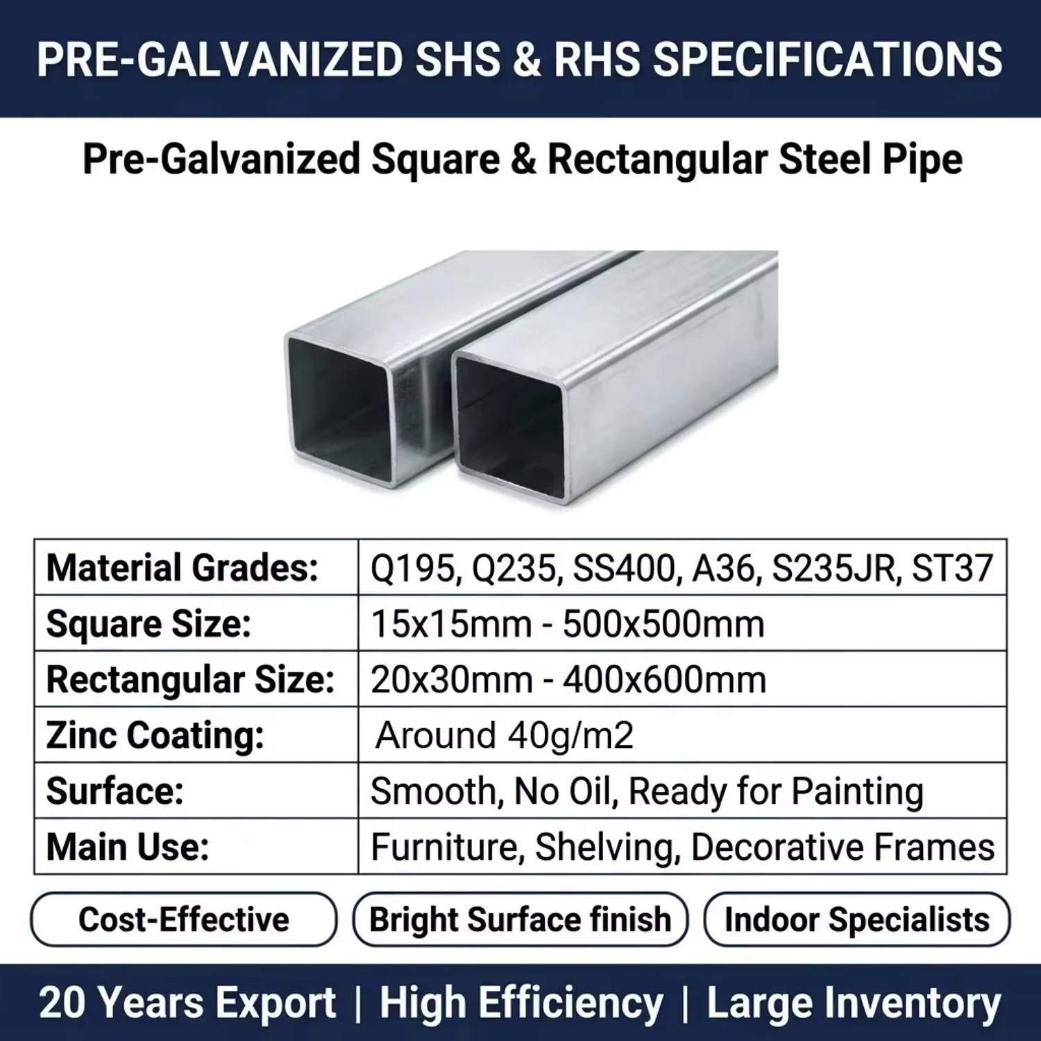 Standard Size Pre Galvanized Square & Rectangular Steel Tube Anti Rust Pre GI Pipe for Municipal Engineering