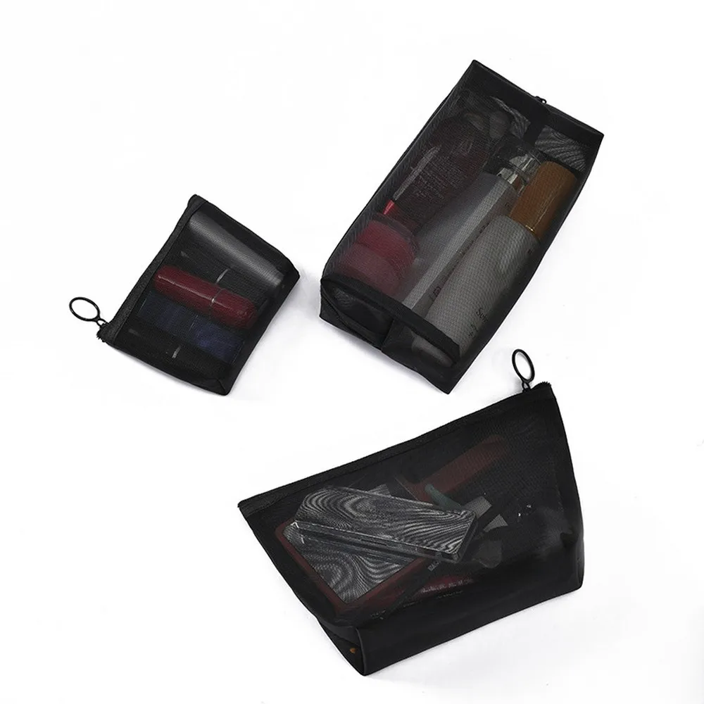

3 Pieces Mesh Cosmetic Travel Bag Mesh Makeup Handbag Mesh Zipper Travel Toiletry Bag Storage Pouch Organize for Home Office, Black