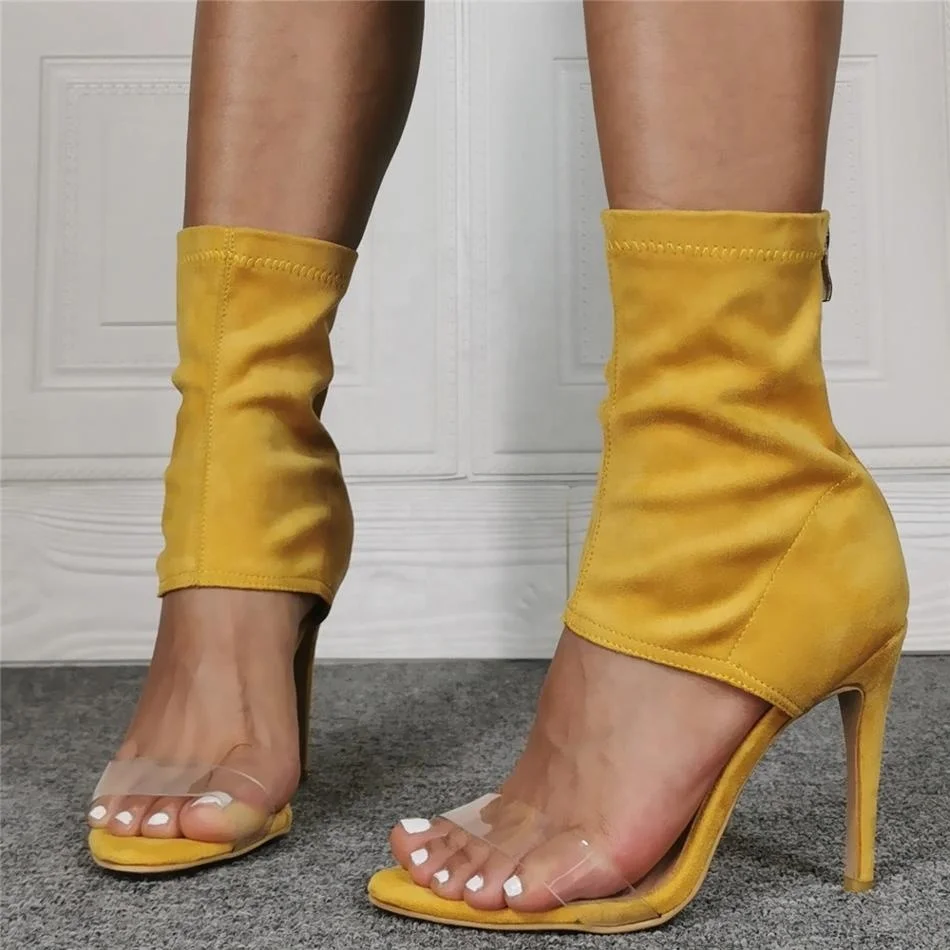 

Hollow Out Design Back Zip Clear Band Plus Size 43 Summer Women Ankle Boots Solid Thin Heel Round Peep Toe Ladies Sandals, Yellow