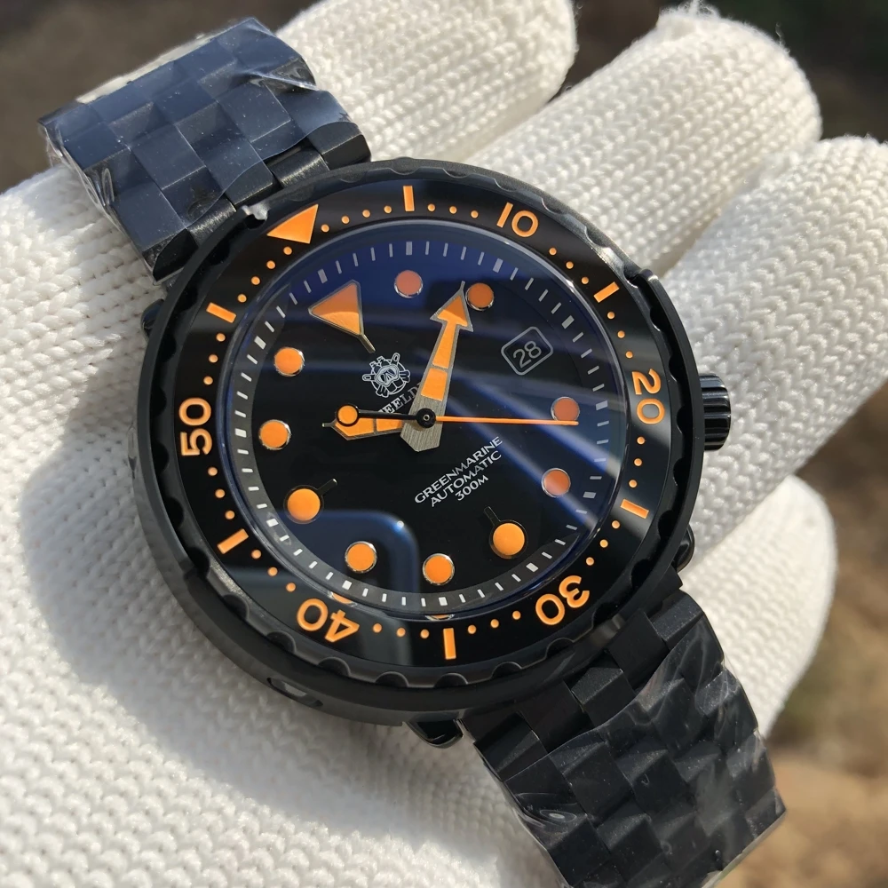

STEELDIVE SD1975XT 316L Stainless Steel PVD Black Case Orange Luminous 300m NH35 Automatic Dive Watch With Black Bracelet