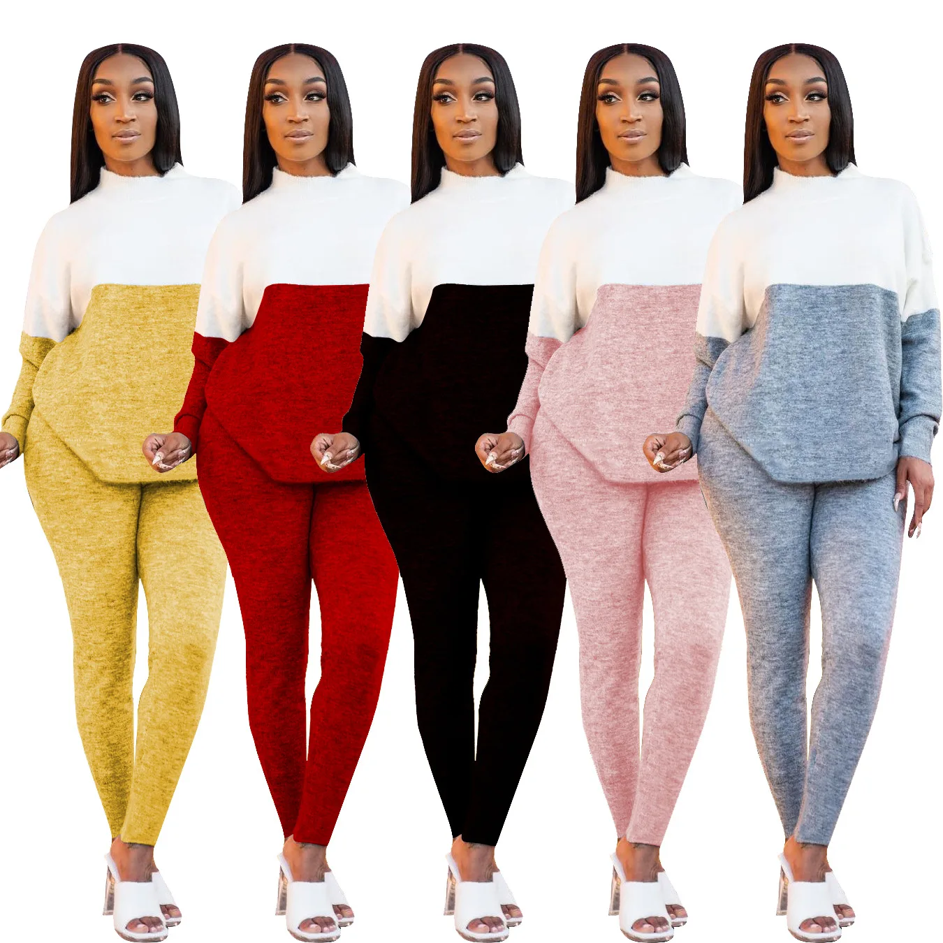 

2021 New Arrivals Women Casual O-Neck Long Sleeve T-shirt Slim Pants 2 Pieces Set Color Patchwork Knitted Outfits Tracksuit, Picture show