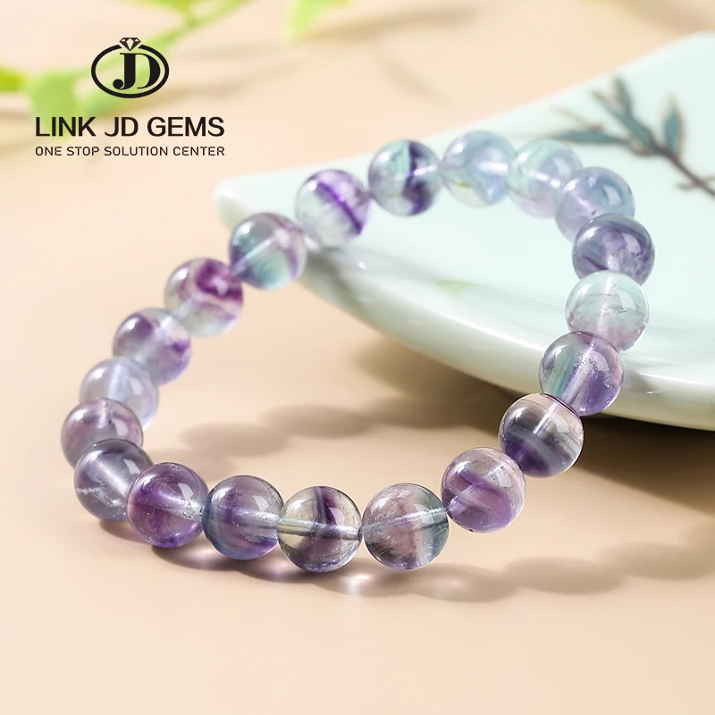 JD Natural Ice Fluorite Crystal Beaded Bracelet Women Trendy Round Stone Elastic Rope Bangles