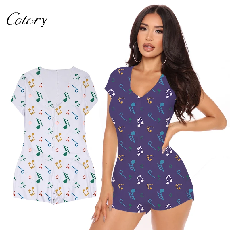 

Colory Printed Bodysuits For Women Longsleeve Bodysuit V Cut Jumpsuit, Picture shows