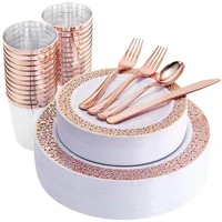 

175pcs Shiny Rose Gold Lace Disposable Plastic Dinnerware sets