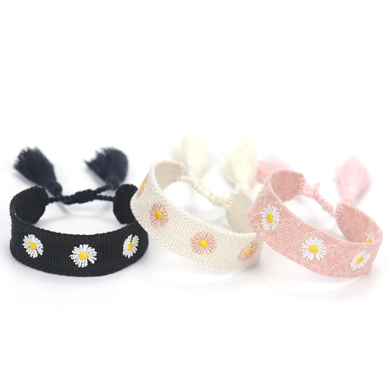 

Fashion Small Daisy Embroidered Bracelet Tassel Unisex Woven Handmade Braided Adjustable Friendship Woven Bracelet, Black ,white and pink