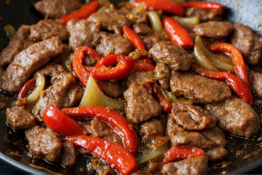 Close-up of sizzling pepper steak with onions in a traditional Chinese wok showing vibrant colors and glossy sauce